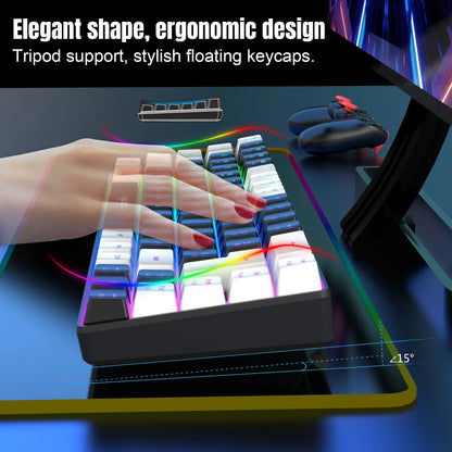 Mechanical keyboard with RGB backlighting and ergonomic tripod support angled at 15 degrees