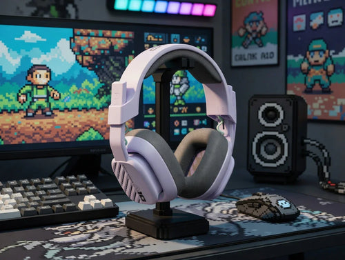 White gaming headset on stand with mechanical keyboard, gaming mouse, and 8-bit pixel art setup