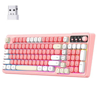 Pink retro 8-bit style wireless gaming keyboard with round keys and USB dongle
