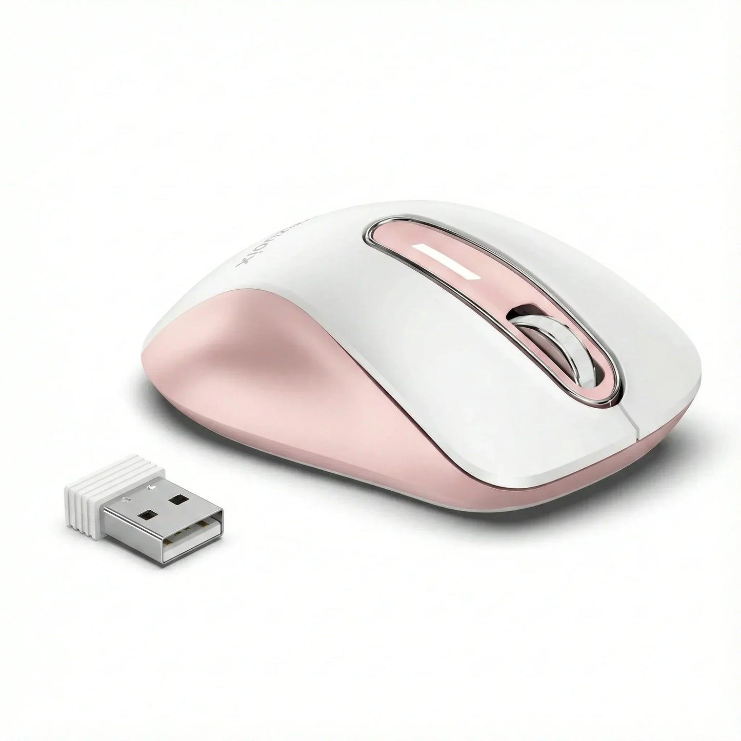 Wireless pink and white gaming mouse with USB receiver on white background