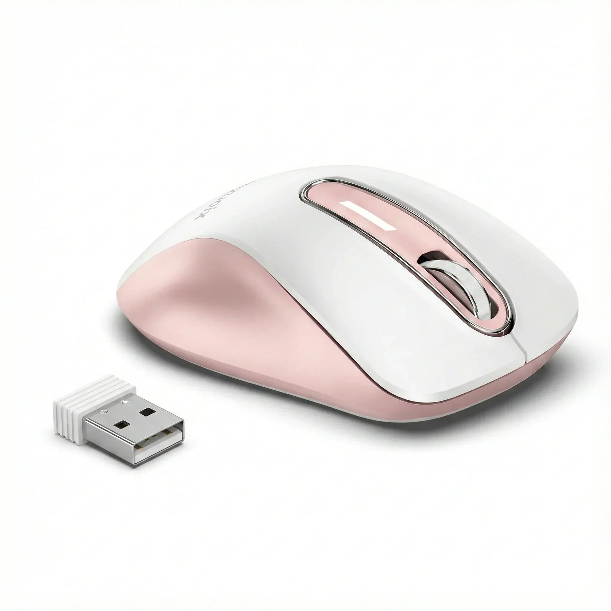 Wireless pink and white gaming mouse with USB receiver on white background