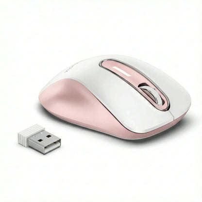 Wireless pink and white gaming mouse with USB receiver on white background