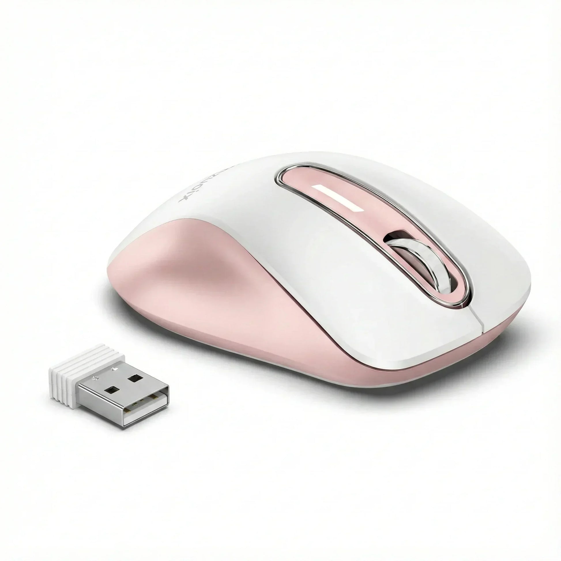 Pink and white wireless computer mouse with USB receiver on white background