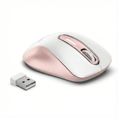 Pink and white wireless computer mouse with USB receiver on white background
