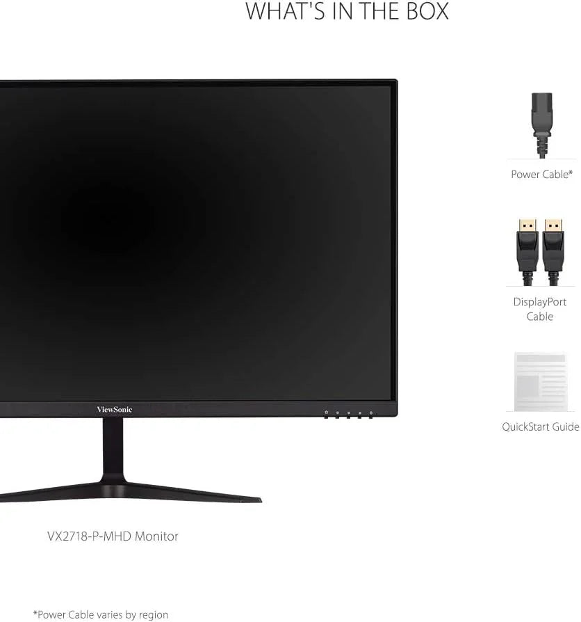 ViewSonic VX2718-P-MHD gaming monitor with power cable, DisplayPort cable, and quick start guide included