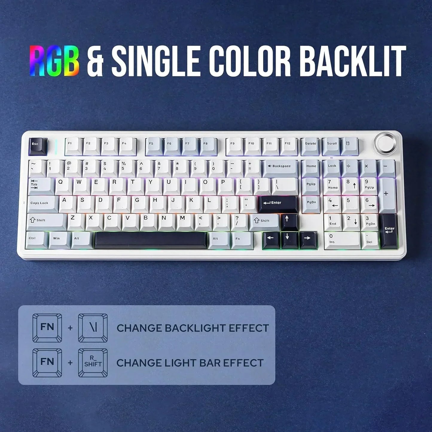 RGB backlit mechanical gaming keyboard with white keycaps on blue background, Byte Style gear
