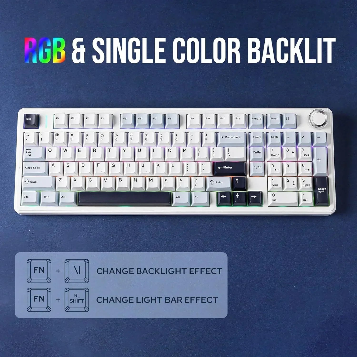 RGB backlit mechanical gaming keyboard with white keycaps on blue background, Byte Style gear