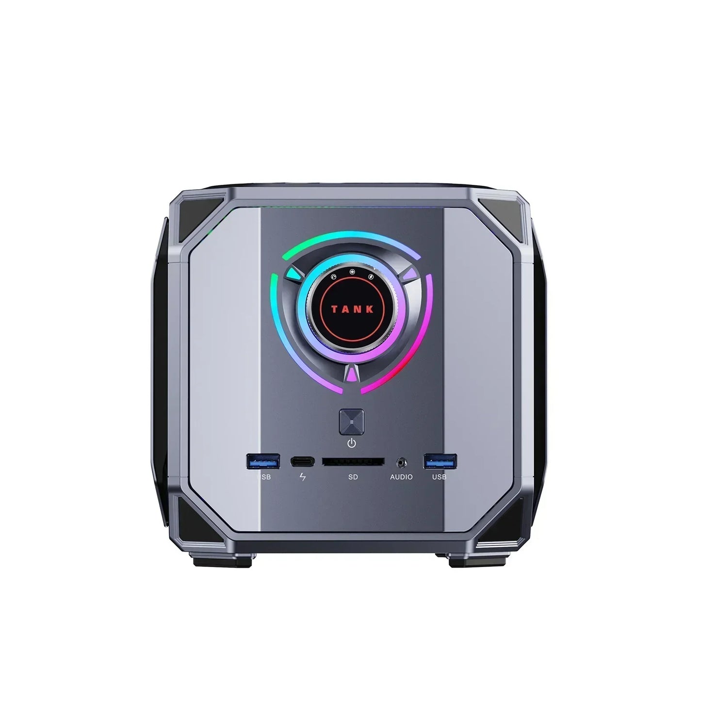 Compact gaming PC with RGB lighting, front ports, and 'TANK' label on metallic case