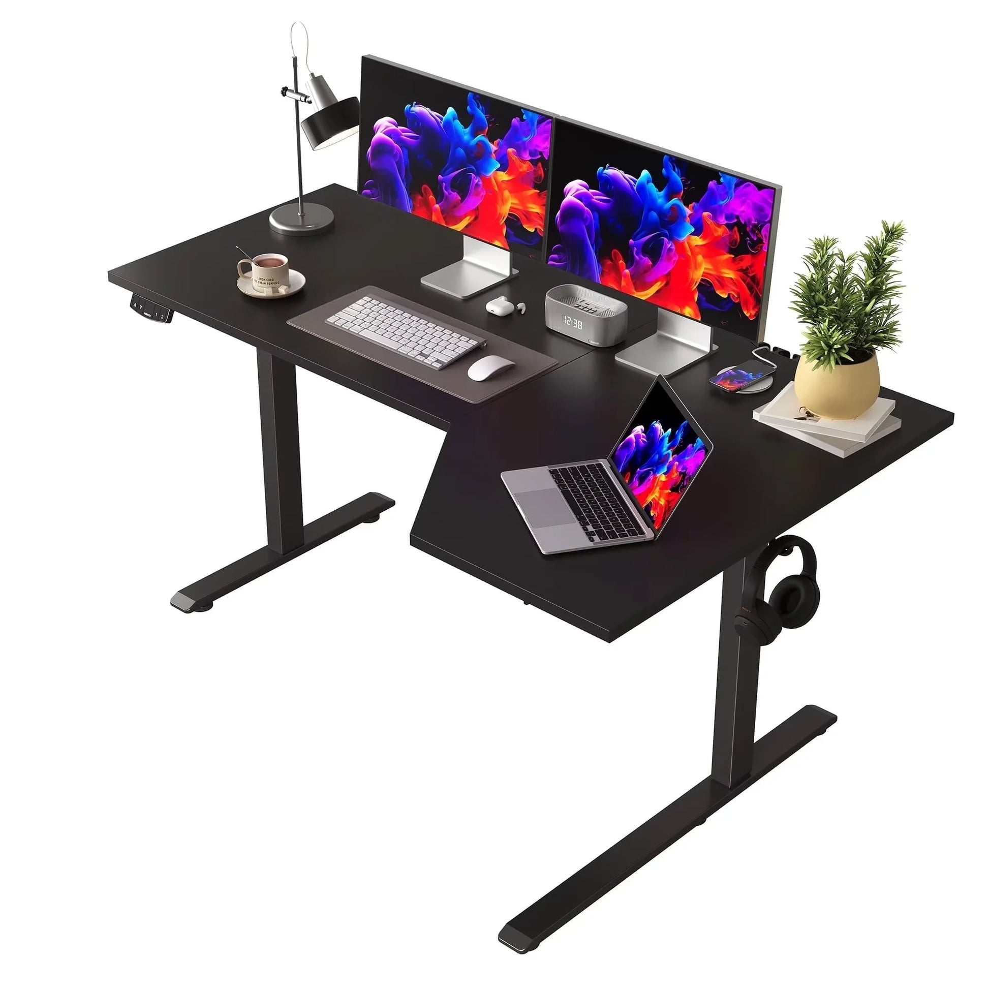 55.1 Inch Electric L-Shaped Height Adjustable Standing Desk, Sit to Stand Corner Desk with Memory Presets and Hooks, Ergonomic Home Office Computer Desk for Workstations, Rustic Brown