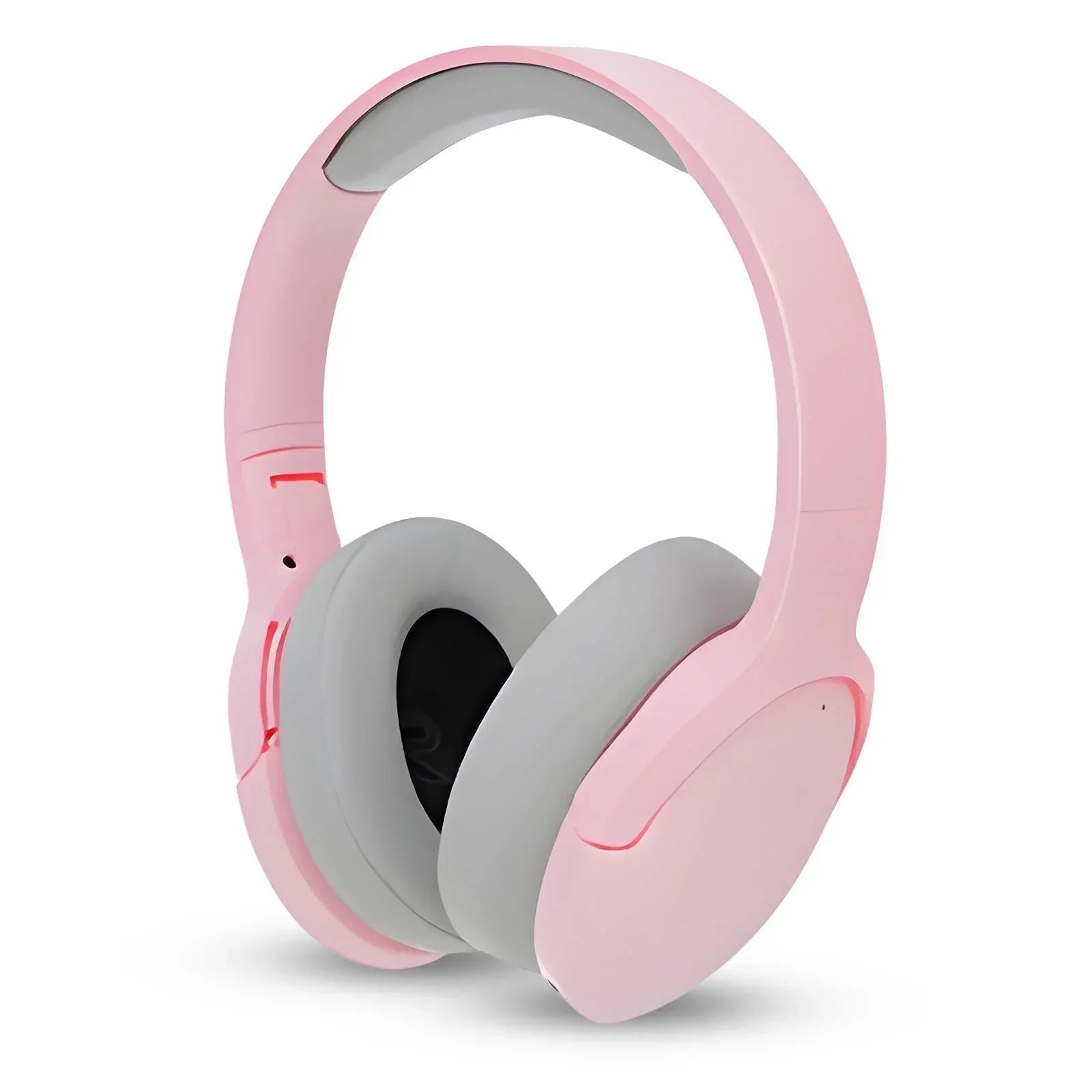 Pink and gray over-ear wireless gaming headset with cushioned ear pads