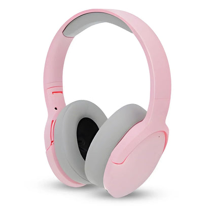 Pink and gray over-ear wireless gaming headset with cushioned ear pads