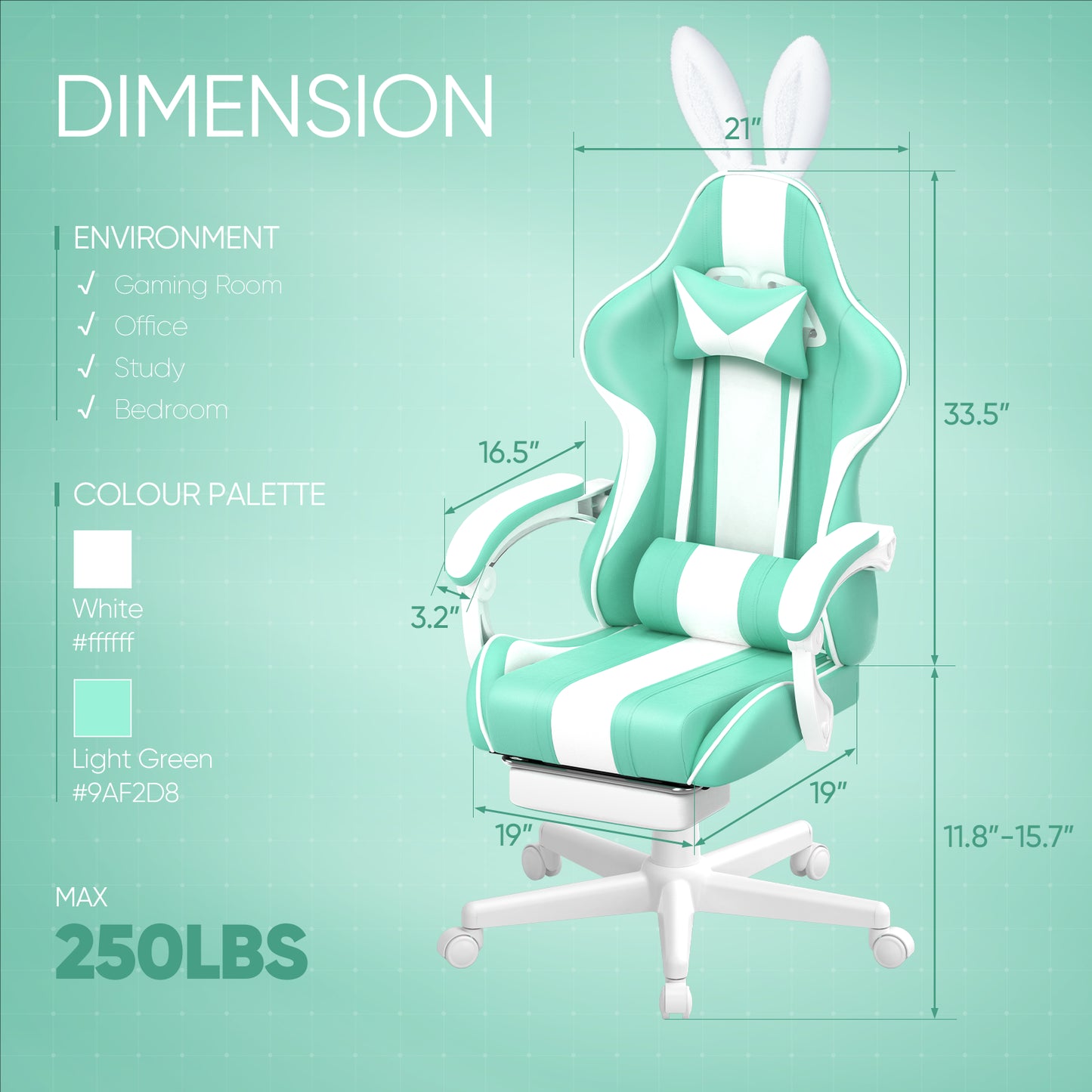Mint green and white gaming chair with bunny ears, dimensions shown, for gaming room or office use