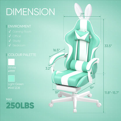 Mint green and white gaming chair with bunny ears, dimensions shown, for gaming room or office use