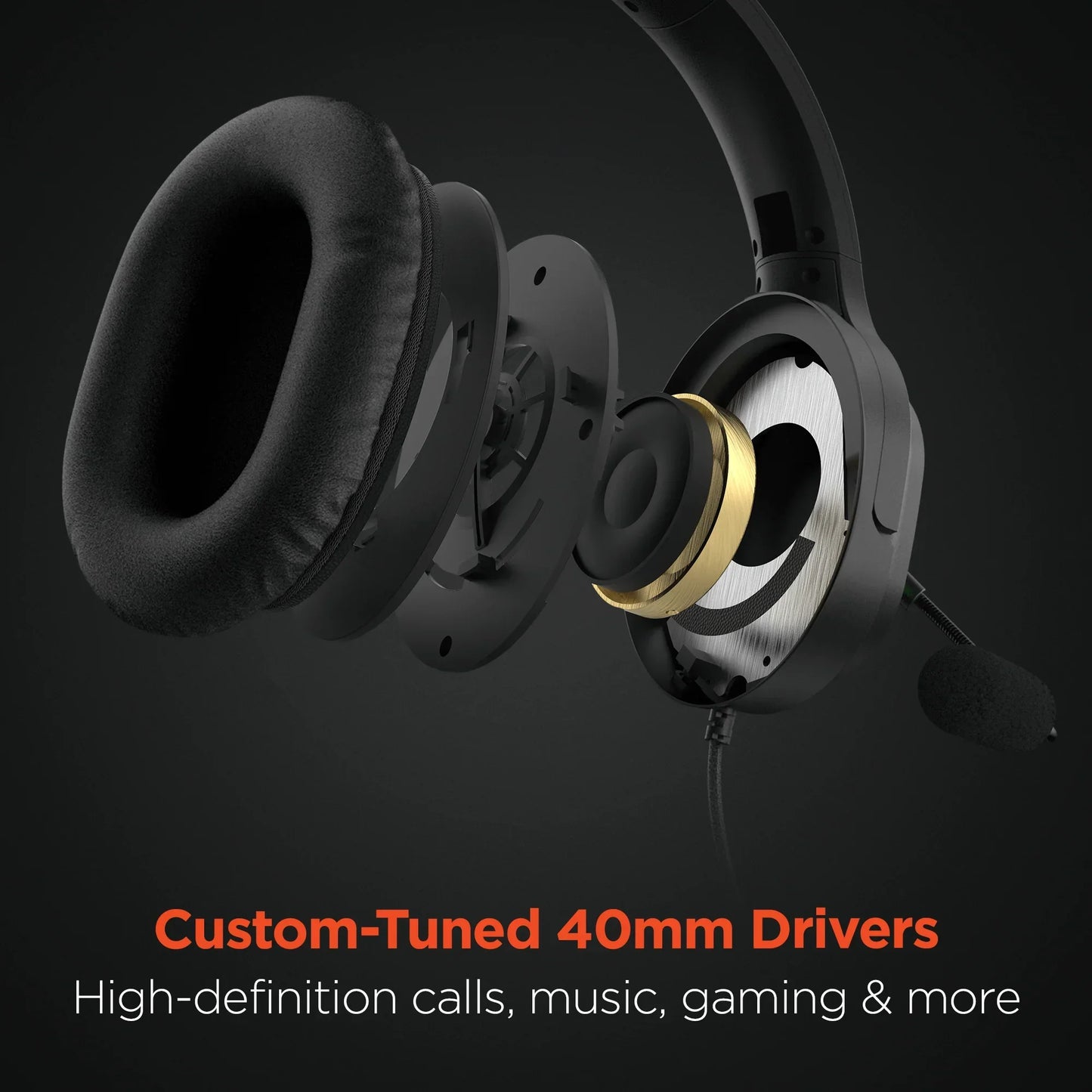 Exploded view of black gaming headset with custom-tuned 40mm drivers and microphone