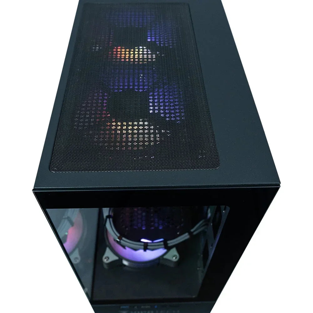 Gaming PC tower with RGB fans and mesh top panel