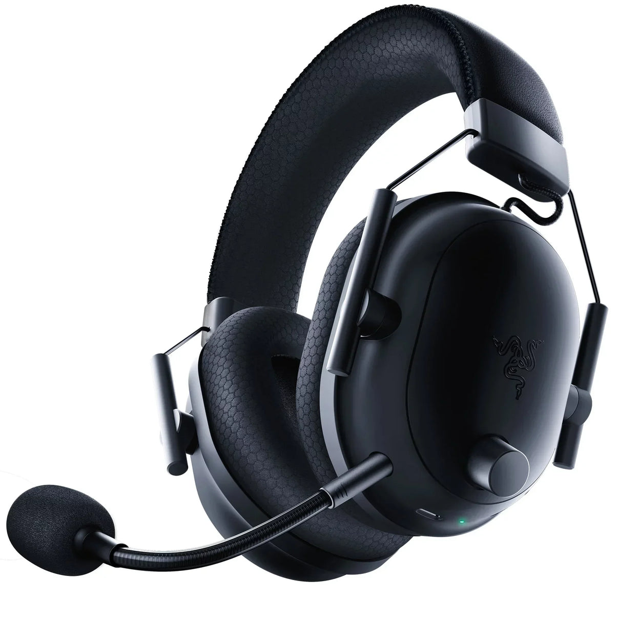 Black over-ear gaming headset with boom microphone and padded headband, Razer logo visible