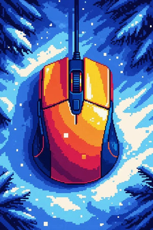 pixel art style orange and red wired gaming mouse on a blue snowy background with pine tree silhouettes