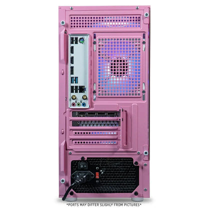 Rear view of pink gaming PC case showing multiple input output ports, fan, and power supply.
