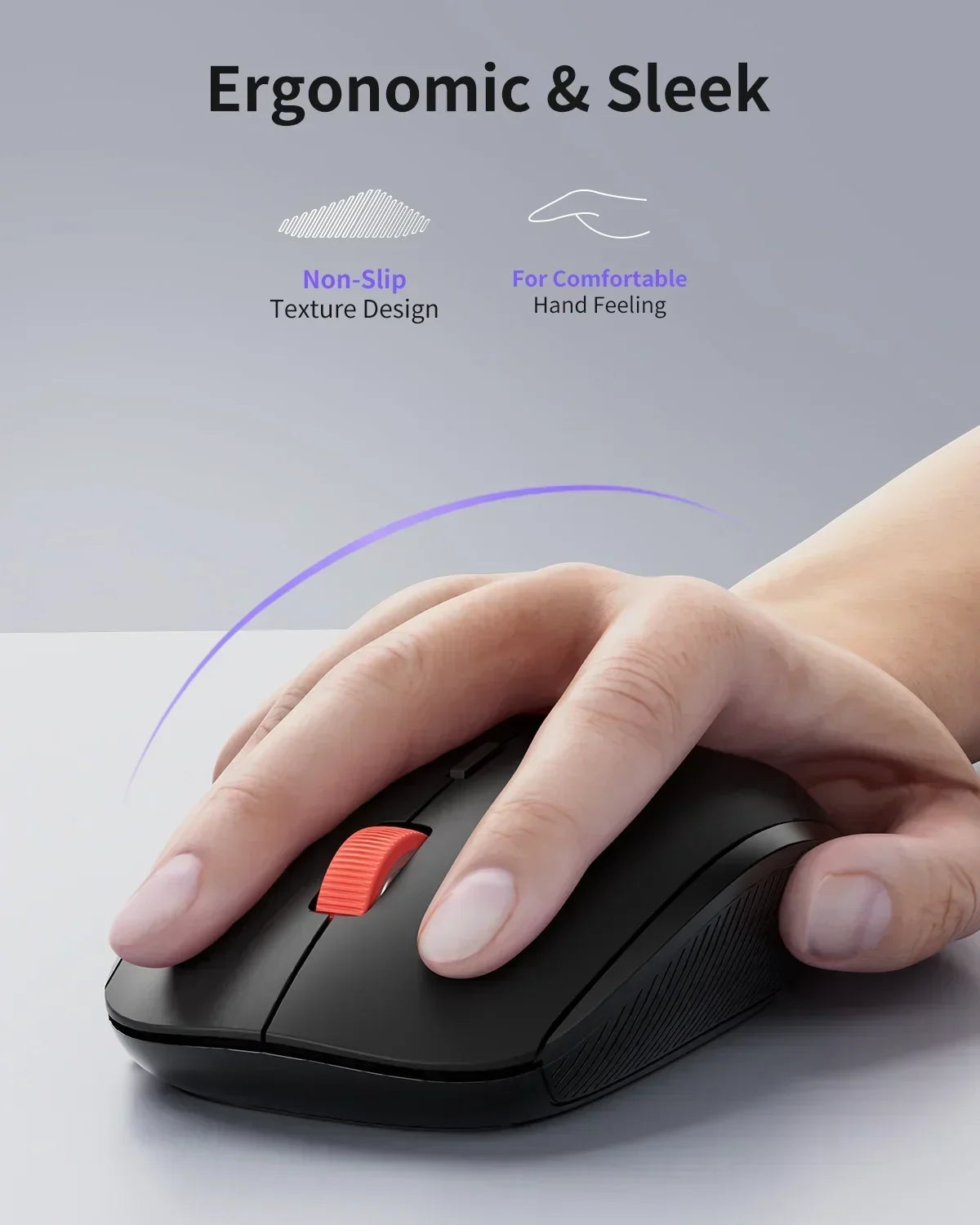 Hand using ergonomic black gaming mouse with red scroll wheel on desk, non-slip textured design