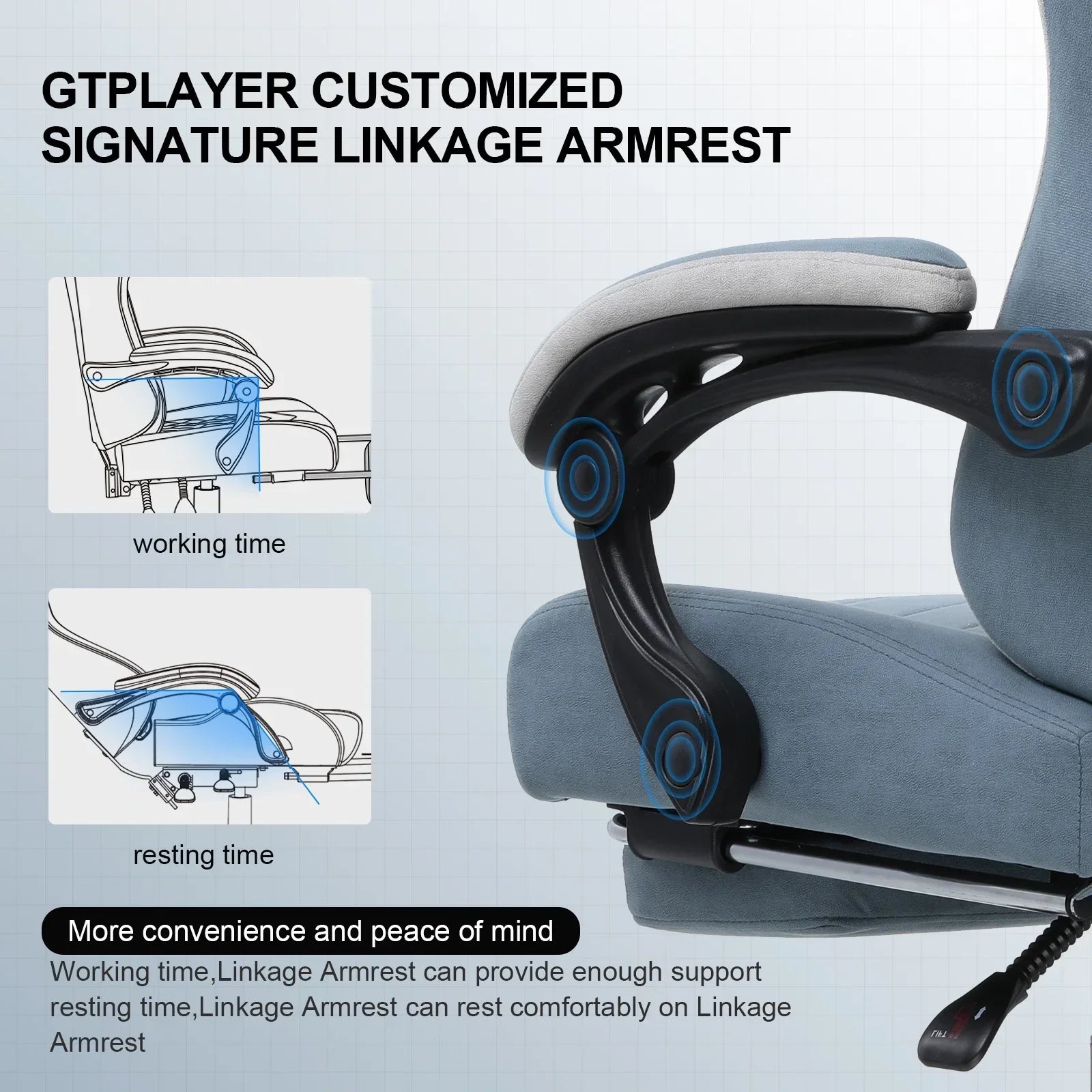 Blue ergonomic office chair with GTPLAYER customized linkage armrest shown with working and resting positions