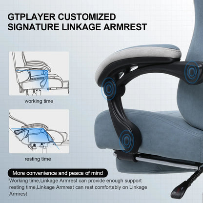 Blue ergonomic office chair with GTPLAYER customized linkage armrest shown with working and resting positions