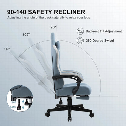 Blue ergonomic office chair with adjustable backrest tilt from 90 to 140 degrees and 360-degree swivel