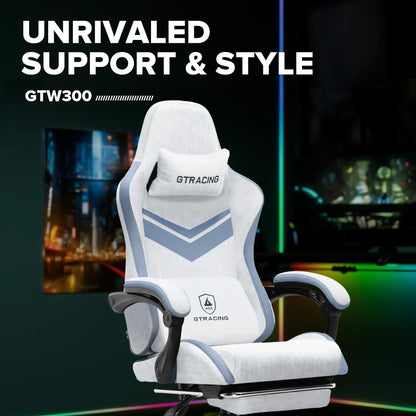 White and gray GT Racing GTW300 gaming chair with adjustable armrests and lumbar support pillow in a dark gaming setup