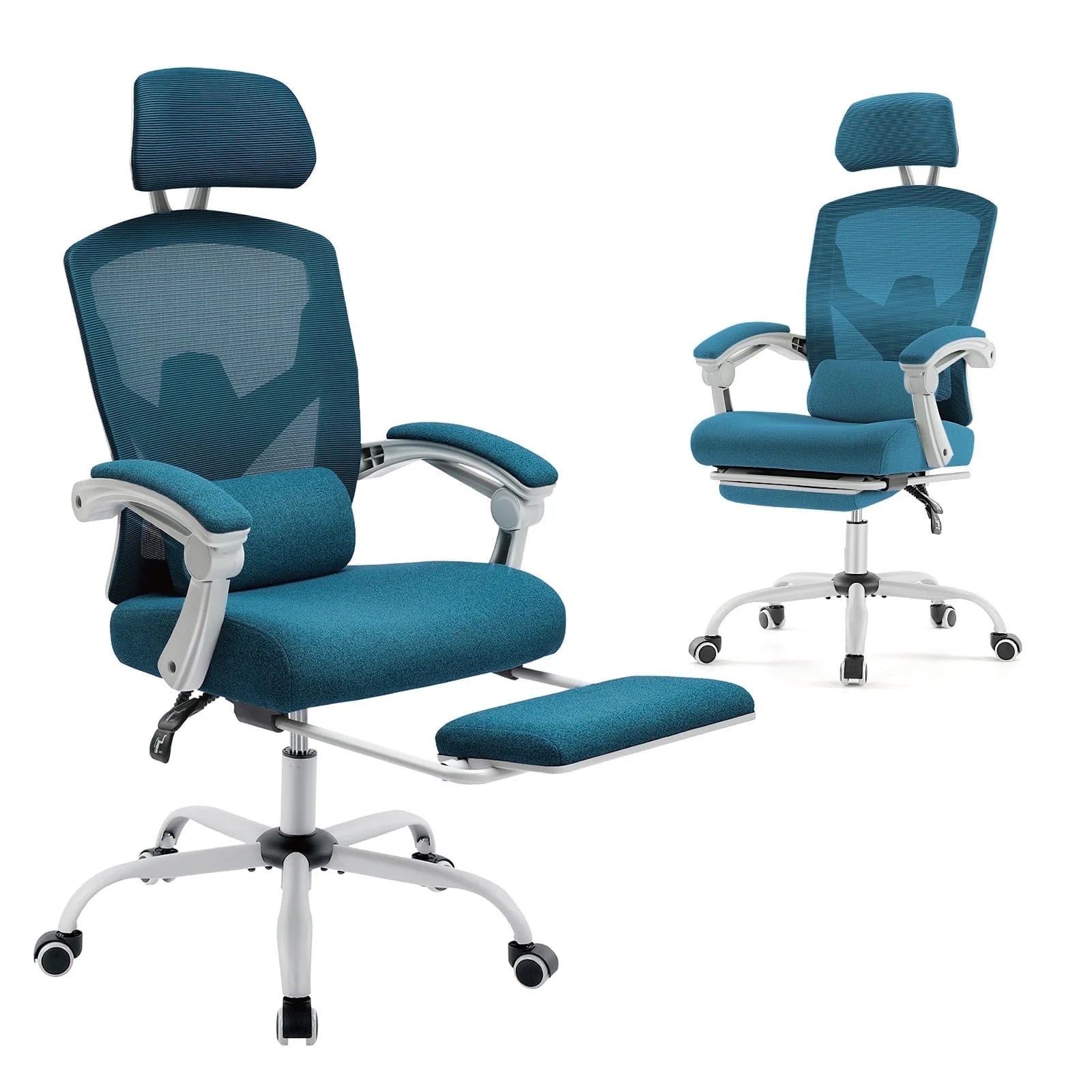 Teal ergonomic gaming chair with mesh back, headrest, lumbar support, and footrest on white base