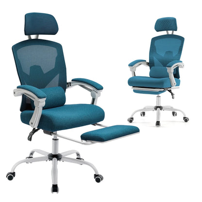 Teal ergonomic gaming chair with mesh back, headrest, lumbar support, and footrest on white base