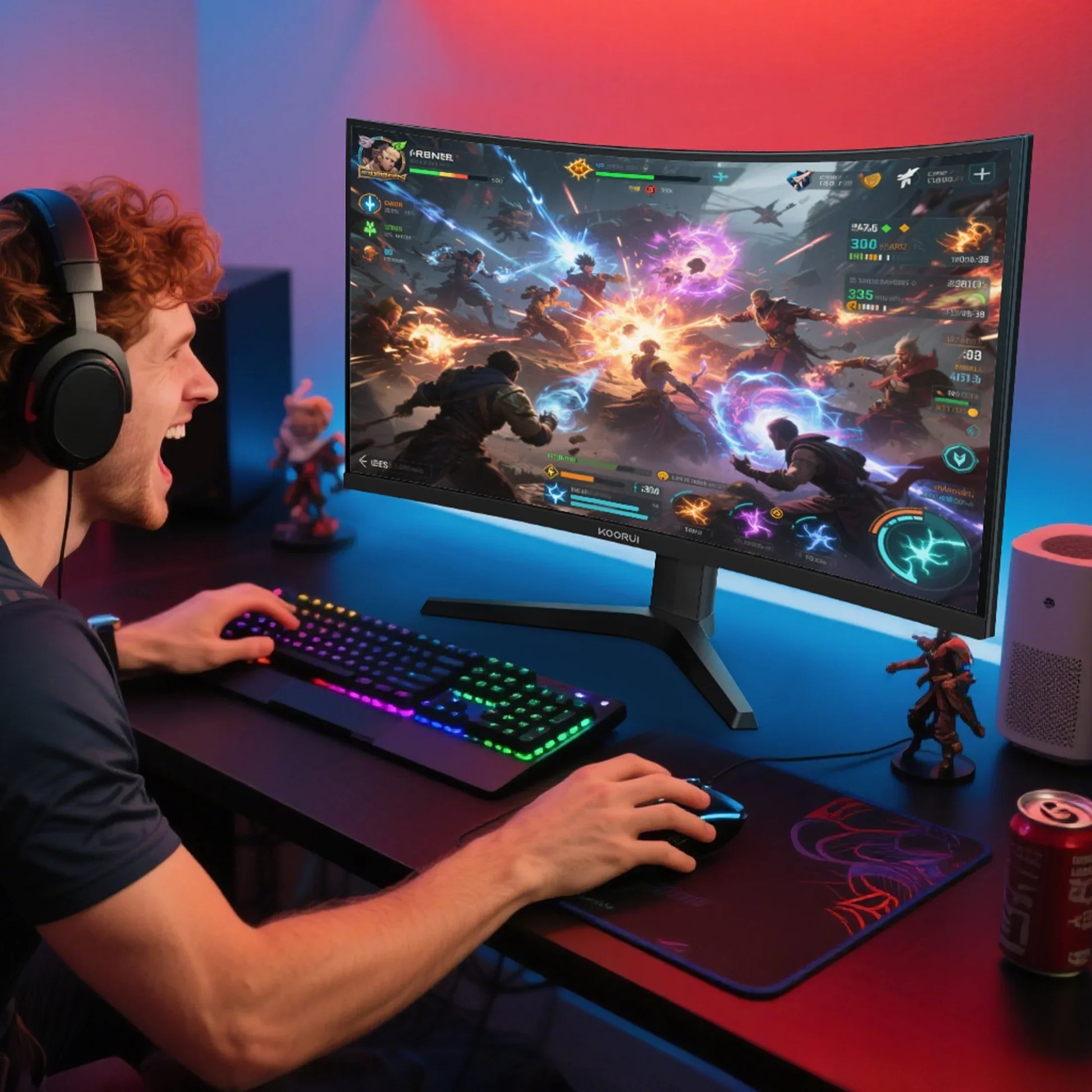 Young man with headphones gaming on a curved Koorui monitor with RGB keyboard and fantasy battle scene