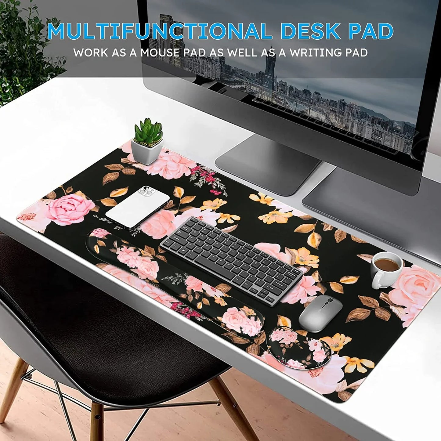 Floral multifunctional desk pad on white desk with keyboard, mouse, smartphone, coffee cup, and computer monitor