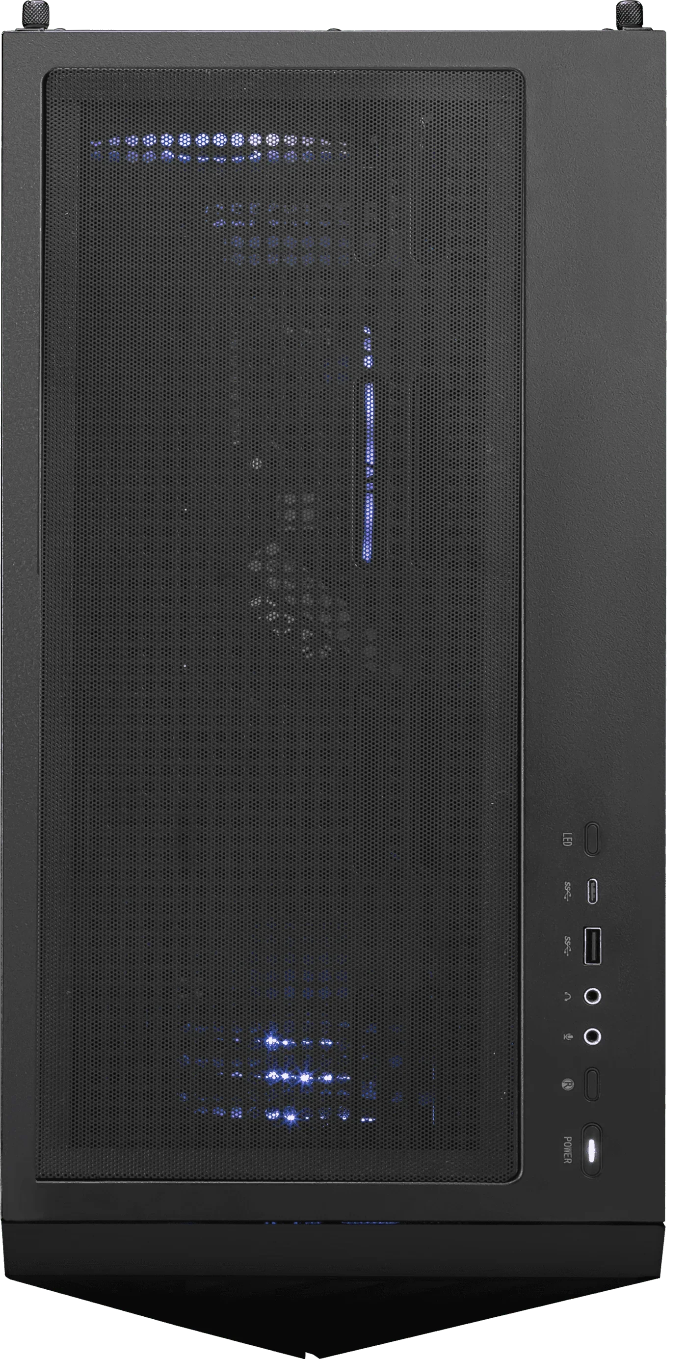 Black gaming PC case with mesh top panel, visible internal blue LED lights, and front I/O ports