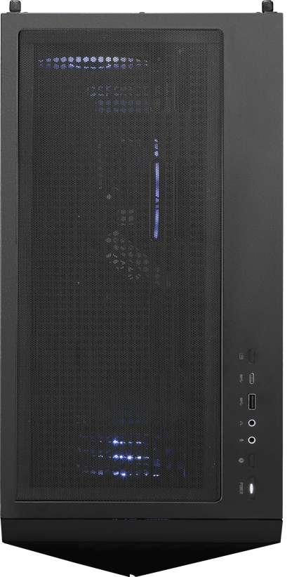 Black gaming PC case with mesh top panel, visible internal blue LED lights, and front I/O ports