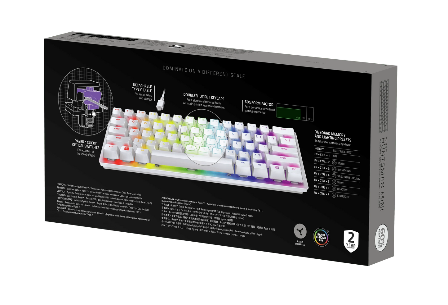 Back of a Razer Huntsman Mini keyboard box highlighting RGB lighting, optical switches, and compact 60% form factor, perfect for gaming setups from Byte Style.
