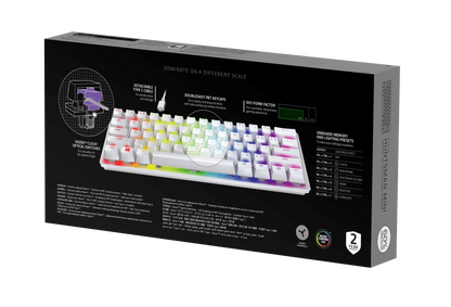 Back of a Razer Huntsman Mini keyboard box highlighting RGB lighting, optical switches, and compact 60% form factor, perfect for gaming setups from Byte Style.