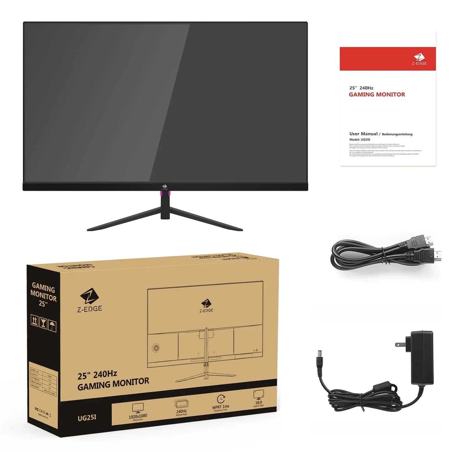 25-inch Z-Edge gaming monitor with 240Hz refresh rate, user manual, HDMI cable, power adapter, and packaging box