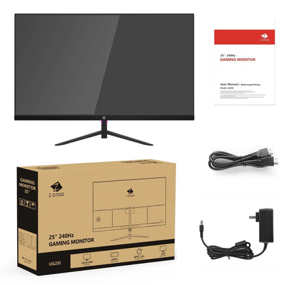 25-inch Z-Edge gaming monitor with 240Hz refresh rate, user manual, HDMI cable, power adapter, and packaging box