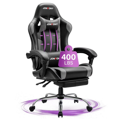JONPONY black and gray gaming chair with adjustable armrests and 400 lbs weight capacity