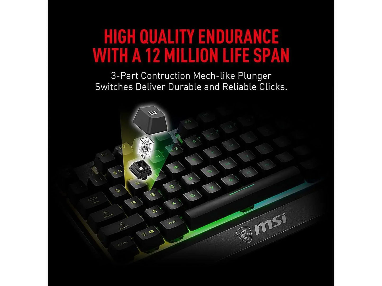 MSI gaming keyboard with RGB lighting, keycap and switch detail, 12 million lifespan feature