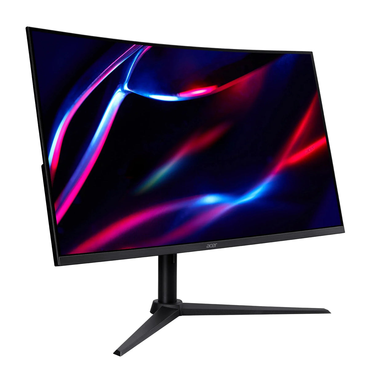Curved Acer gaming monitor with abstract red and blue light design on screen and black stand