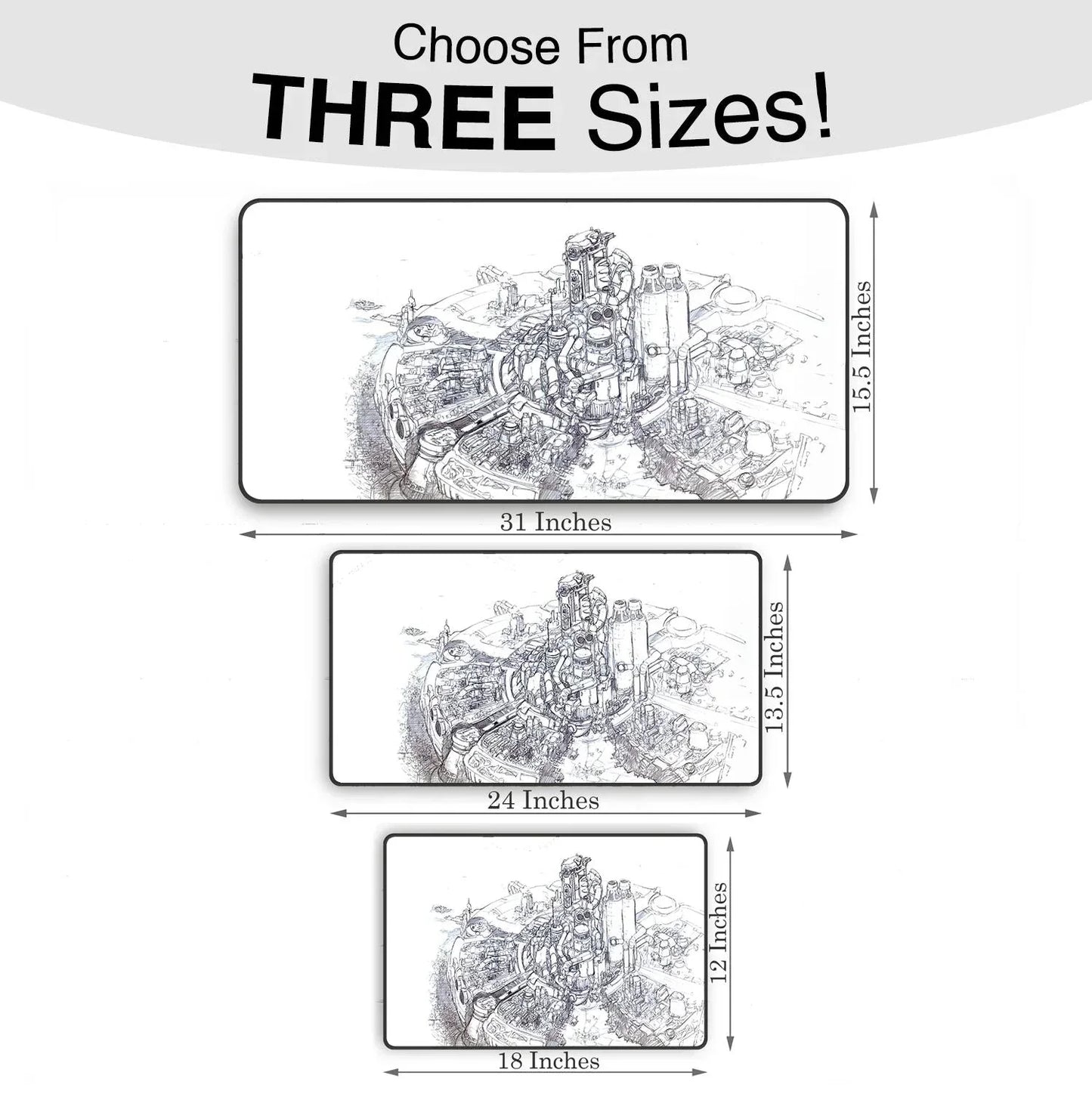 Three rectangular retro gaming mouse pads with circuit board design in sizes 31x15.5, 24x13.5, and 18x12 inches