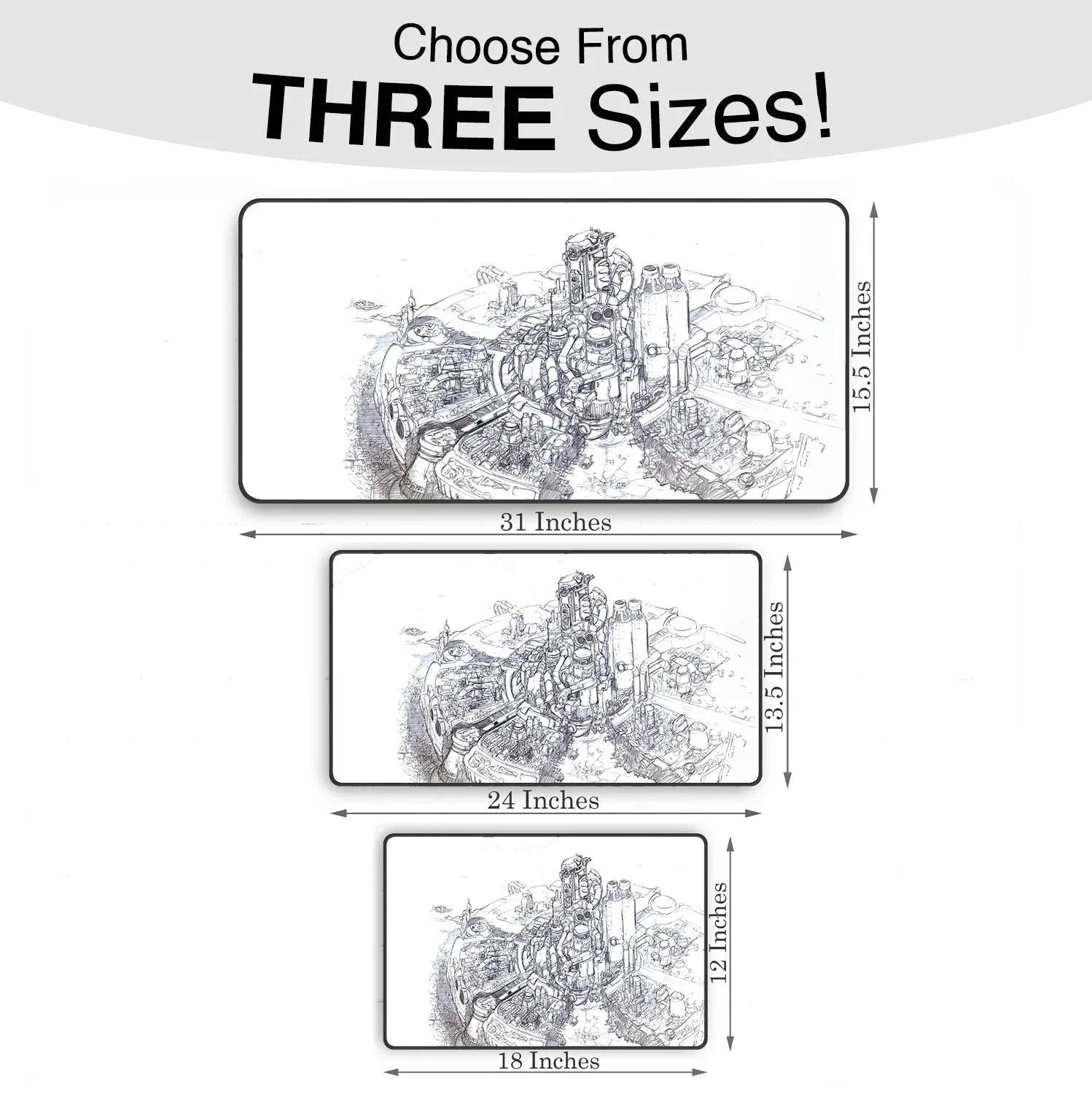 Three rectangular retro gaming mouse pads with circuit board design in sizes 31x15.5, 24x13.5, and 18x12 inches