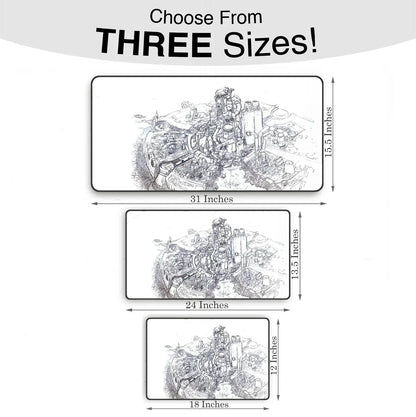 Three rectangular retro gaming mouse pads with circuit board design in sizes 31x15.5, 24x13.5, and 18x12 inches