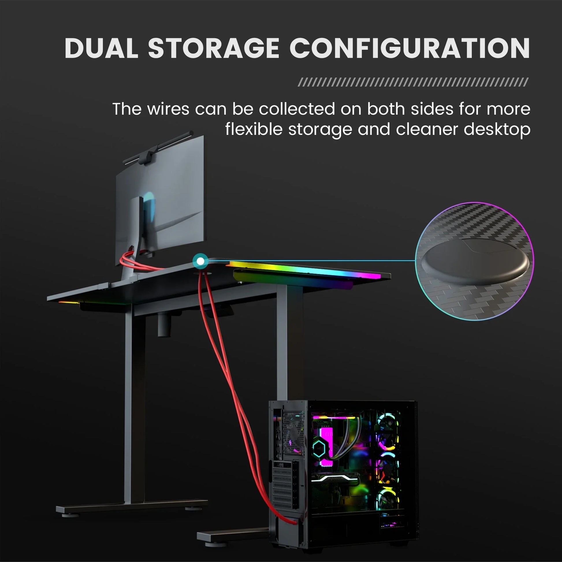 Standing desk with dual cable storage showing red wires routed on both sides for cleaner desktop and flexible wire management