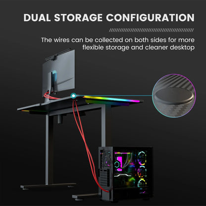 Standing desk with dual cable storage showing red wires routed on both sides for cleaner desktop and flexible wire management