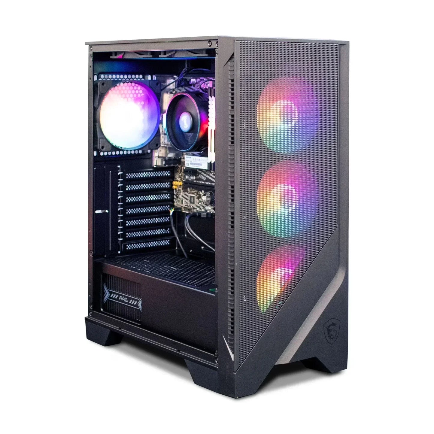 Gaming PC tower case with RGB cooling fans and transparent side panel