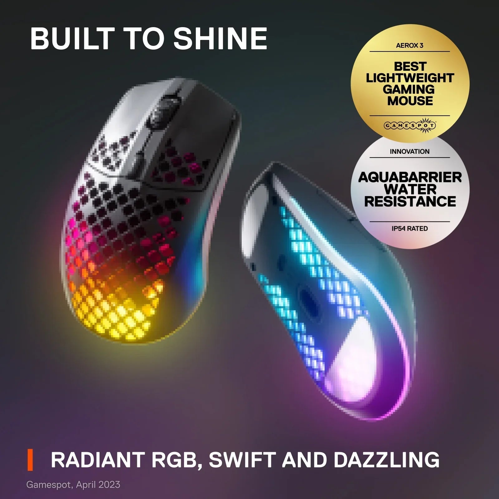 Aerox 3 lightweight gaming mouse with radiant RGB lighting and Aquabarrier water resistance