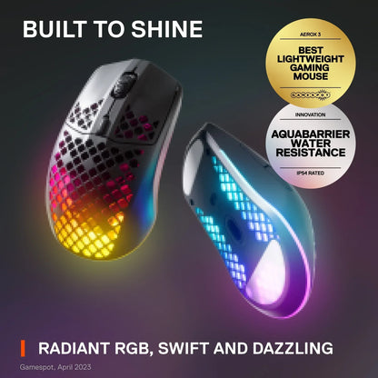 Aerox 3 lightweight gaming mouse with radiant RGB lighting and Aquabarrier water resistance