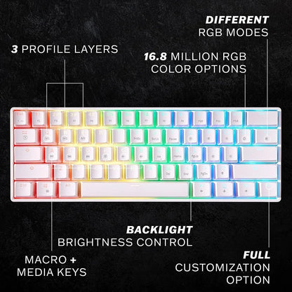 RGB gaming keyboard with 3 profile layers, macro keys, customizable backlight, and media controls
