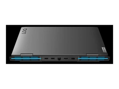 Closed Lenovo gaming laptop with blue rear cooling vents and multiple back ports